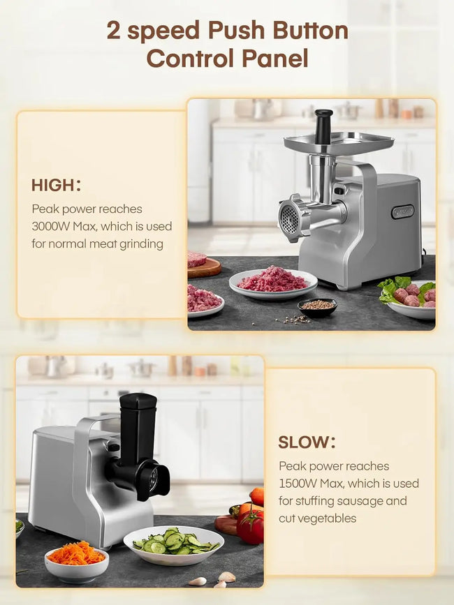 Meat Grinder Heavy Duty - 5 In1 Meat Grinder for Home Use - 3000W Max Powerful - Sausage Stuffer with 3 Stainless Steel