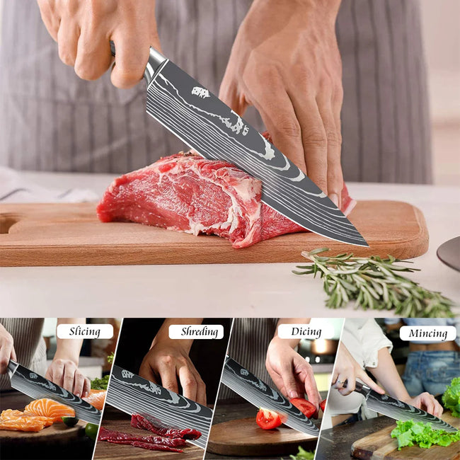 5/8Pcs/10Pcs Kitchen Knives Japanese Stainless Steel Chef Knife Damascus Laser Pattern Slicing Santoku Kitchen Knife Set