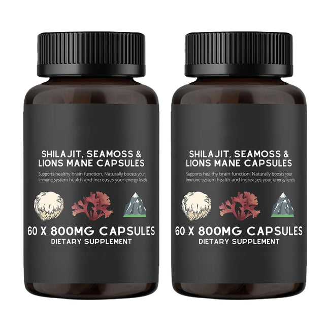 Shilajit, Seamoss&Lions Mane Capsules - Comprehensive All-In-One Wellness Supplement for Mind, Body, and Vitality - 60 Capsules