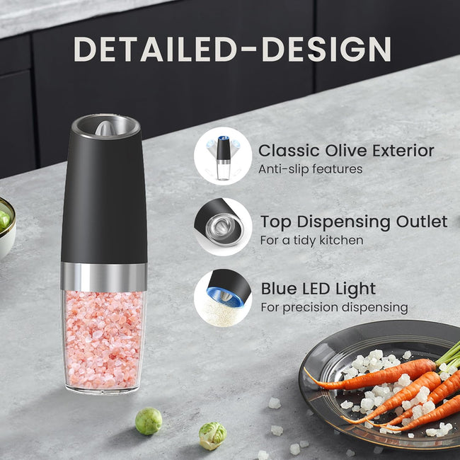 Gravity Electric Pepper and Salt Grinder Mill Adjustable Coarseness Battery Powered with Blue LED Light