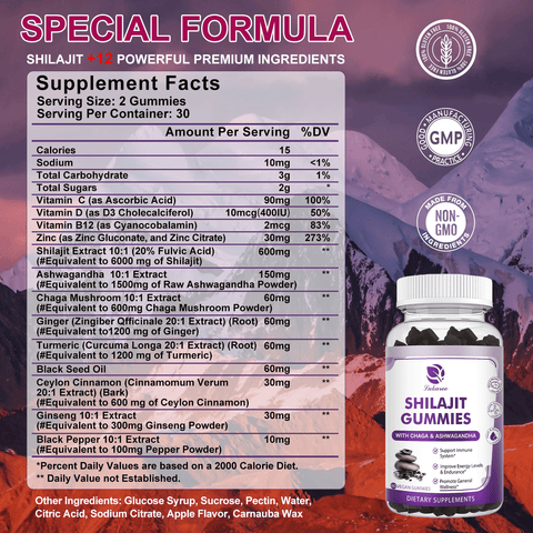 100% Himalaya Pure Shilajit Gummies 13 in 1 Non-GMO Brain Memory Cognitive Energy Health