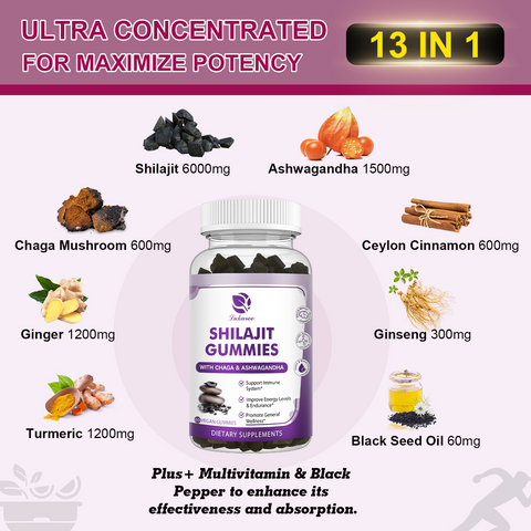 100% Himalaya Pure Shilajit Gummies 13 in 1 Non-GMO Brain Memory Cognitive Energy Health