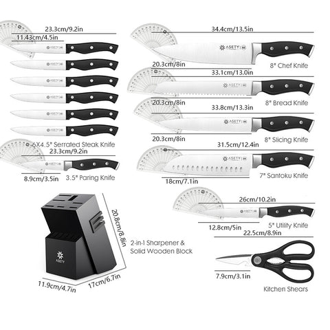 Professional Stainless Steel 15 PCS Kitchen Knife Set With Built-in Knife Sharpener Block
