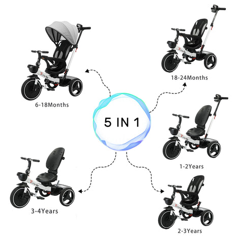 Baby Stroller Tricycle Ride Bike , 5-in-1, Adjustable Canopy, Sitting & Lying
