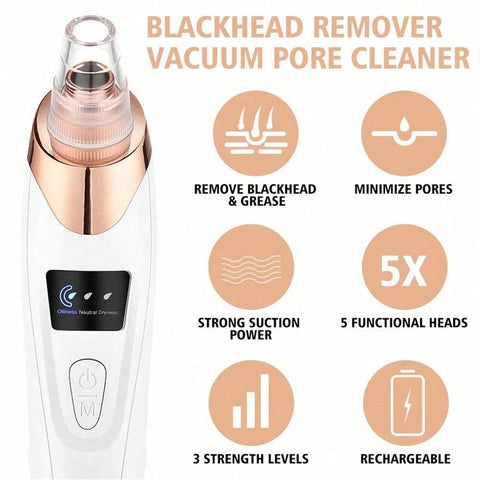 Facial Pore Cleaner, 5 Suction Power Blackhead Remover Pore Vacuum - USB Rechargeable Facial Pore Cleaner Kit