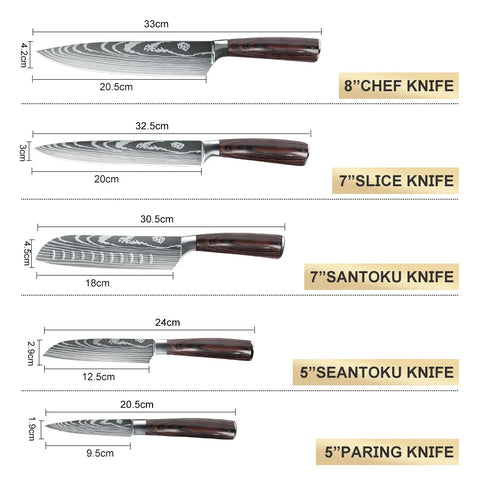 5/8Pcs/10Pcs Kitchen Knives Japanese Stainless Steel Chef Knife Damascus Laser Pattern Slicing Santoku Kitchen Knife Set