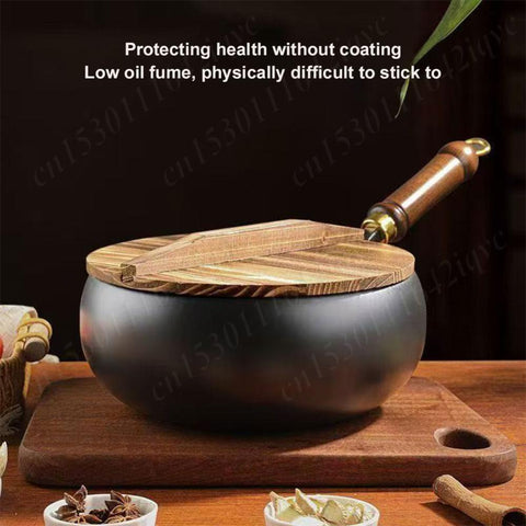 Nonstick Pure Iron Wok & Wooden Handle Saucepan Non-Coated Cast Iron Pan 22cm/24cm/28cm Wok Frying Pan