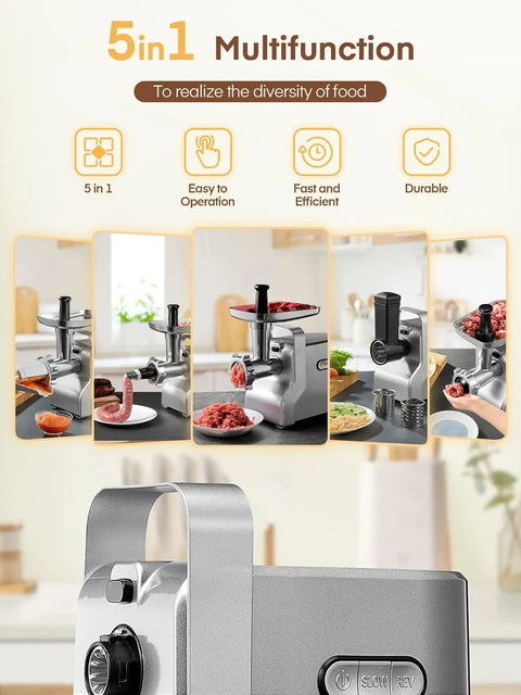 Meat Grinder Heavy Duty - 5 In1 Meat Grinder for Home Use - 3000W Max Powerful - Sausage Stuffer with 3 Stainless Steel