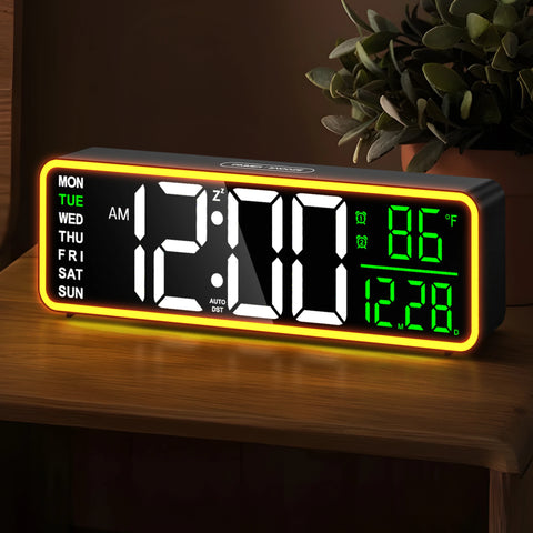 9" Digital Alarm Clocks for Bedroom, Large Display with Night Light, LED Temperature Calendar, Auto DST
