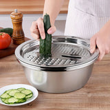 Stainless Steel 3-In-1 Vegetable Strainer Slicer Cutter Graters Drain Basket Salad Maker Bowl Kitchen Accessory Tool