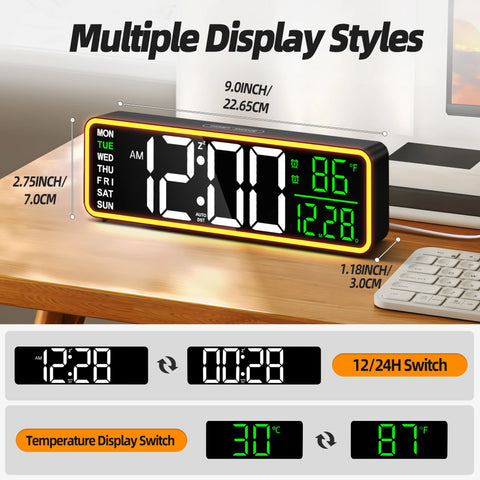 9" Digital Alarm Clocks for Bedroom, Large Display with Night Light, LED Temperature Calendar, Auto DST