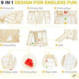 Indoor Jungle Gym, 9 in 1 Kids Indoor Playground for Kids with Climbing Wall, Slide, Monkey Bars, Rope Ladder and Hanging Ring