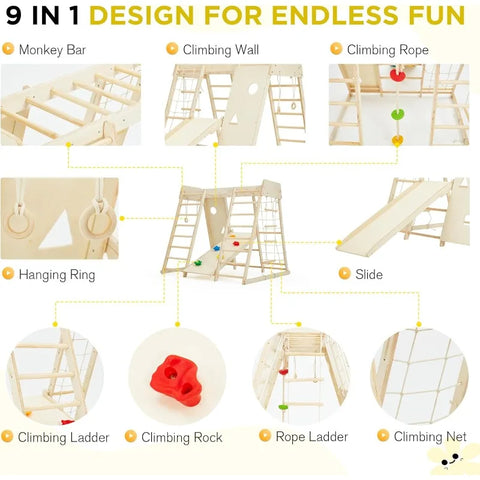 Indoor Jungle Gym, 9 in 1 Kids Indoor Playground for Kids with Climbing Wall, Slide, Monkey Bars, Rope Ladder and Hanging Ring