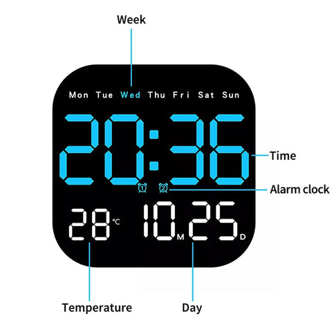 LED Large Digital Wall Clock Remote Control Temperature Date Week Display Adjust