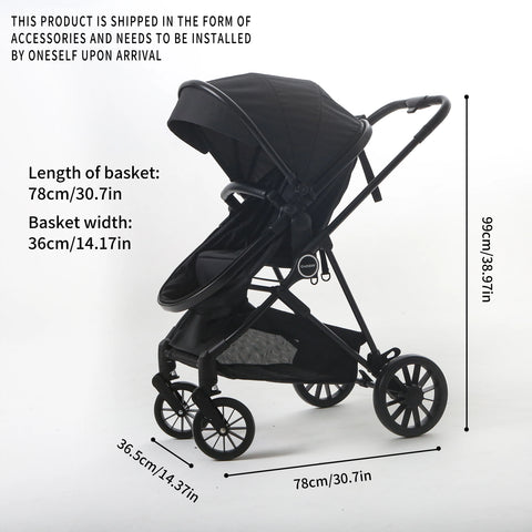 2-In-1 Baby Stroller，Folding High Landscape Pram Pushchair, Adjustable Handler, Extra Storage, Spacious Seat, Removable Footmuff