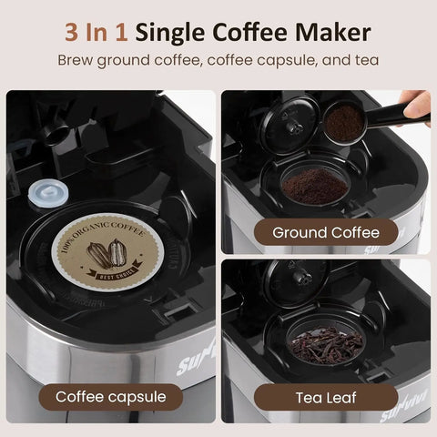 3-In-1 Single Serve Coffee Machine,Brewer for K-Cup Pods, Ground Coffee, and Teas, 30Oz Removable Water Reservoir, Brew Sizes 8
