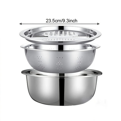 Stainless Steel 3-In-1 Vegetable Strainer Slicer Cutter Graters Drain Basket Salad Maker Bowl Kitchen Accessory Tool