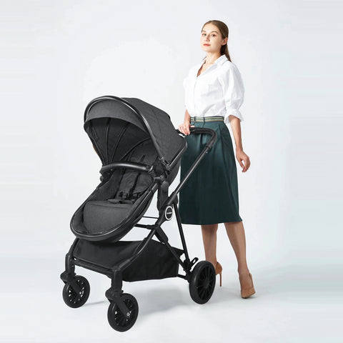 2-In-1 Baby Stroller，Folding High Landscape Pram Pushchair, Adjustable Handler, Extra Storage, Spacious Seat, Removable Footmuff
