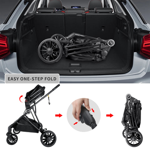 2-In-1 Baby Stroller，Folding High Landscape Pram Pushchair, Adjustable Handler, Extra Storage, Spacious Seat, Removable Footmuff