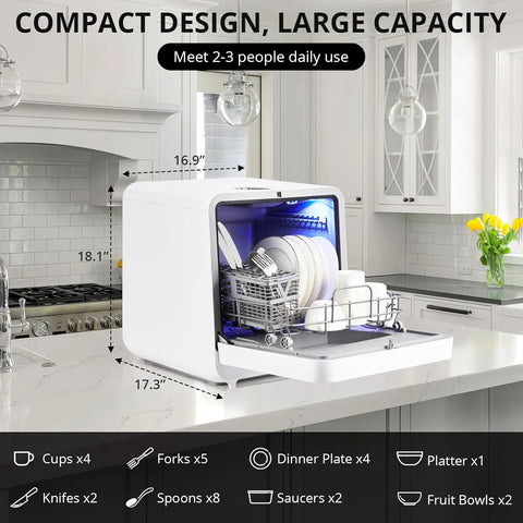 Countertop Dishwasher 6 Washing Programs Low Noice 2 Water Inlet Methods Strong Hot Air Drying Portable Dishwasher for Home