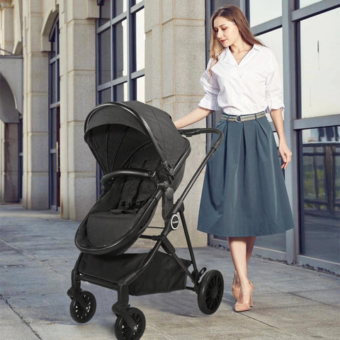 2-In-1 Baby Stroller，Folding High Landscape Pram Pushchair, Adjustable Handler, Extra Storage, Spacious Seat, Removable Footmuff