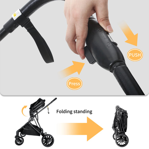 2-In-1 Baby Stroller，Folding High Landscape Pram Pushchair, Adjustable Handler, Extra Storage, Spacious Seat, Removable Footmuff
