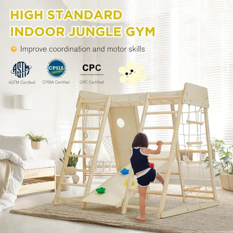 Indoor Jungle Gym, 9 in 1 Kids Indoor Playground for Kids with Climbing Wall, Slide, Monkey Bars, Rope Ladder and Hanging Ring