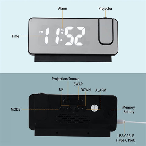 Digital Projection Alarm Clock with Rotatable Ceiling/Wall Projector Bedside Desktop Clock Large Display for Bedroom Office