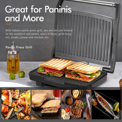 Panini Press Grill, Gourmet Sandwich Maker, Electric Indoor Grill with Non-Stick Cooking Plate and Removable Drip Tray, E