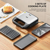 3-In-1 Waffle, Grill & Sandwich Maker, Panini Press Grill and Waffle Iron Set with Removable Non-Stick Plates