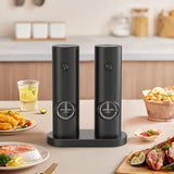 2Pc Electric Pepper Grinder Set with Base - Automatic Mill for Black Peppercorns & Sea Salt, Stylish Black Design, Durable & Eff