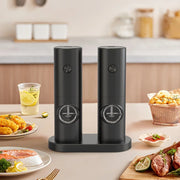 2Pc Electric Pepper Grinder Set with Base - Automatic Mill for Black Peppercorns & Sea Salt, Stylish Black Design, Durable & Eff
